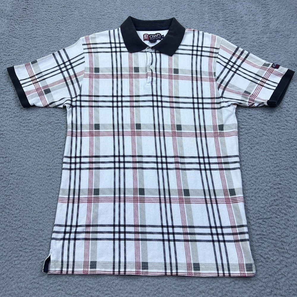 VTG Chaps Ralph Lauren Ringer Polo Shirt Mens Medium Multicolor Plaid Retro